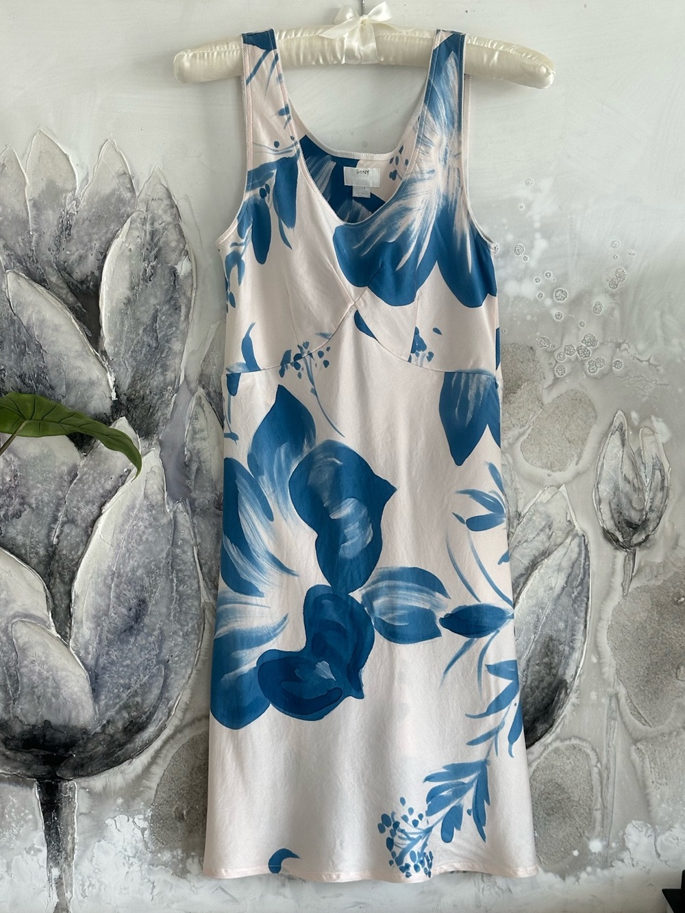 Y2K Belgian Design CHINE Mini Silk Slip Dress with Bold Blue Floral Print